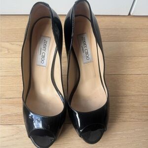 Jimmy Choo Glossy Black Peep Toe Heels